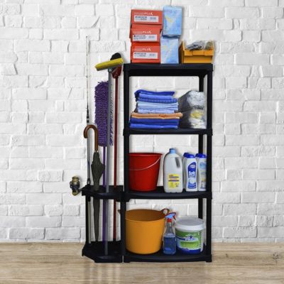 Etagère de Rangement 4 niveaux + Porte-Balai Noir Polypropylène Résistant Garage Buanderie Art Plast