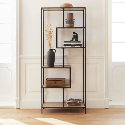 Etagère en métal noir et décor bois - Loft - bibliothèque 6 niveaux. L 77 x l 33 x H 185cm