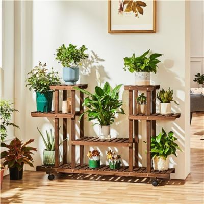Etagre  Fleurs en Bois avec 6 Tablettes et Support  Roulettes -  Porte-Pots de Plantes -