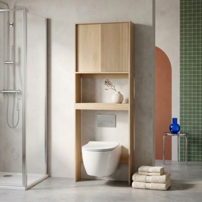 Etagère / Meuble WC Linear avec portes coulissantes. 3 espaces de rangement. naturel. 64 x 20 x 180 cm