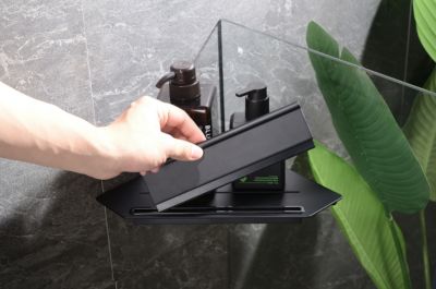 Etagère murale d'angle salle de bain douche et bain + raclette de douche intégrée, 2 points de fixation vis, DA909, Noir mat