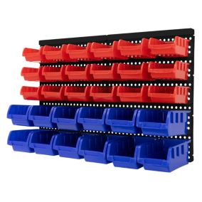 Etagère à outils murale avec bacs de rangement empilables plastique bleu-rouge