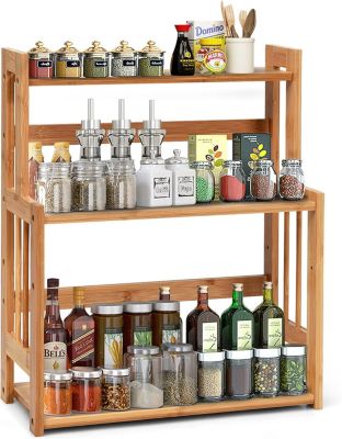 Etagere a Epices en Bambou Naturel,Porte-Epice a 3 Niveaux avec Tablette en Hauteur, pour Cuisine et Salle de Bain, 41.5x18x50CM