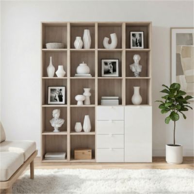 Étagère bibliothèque avec tiroirs et porte effet chêne et blanc brillant GoodHome Atomia H. 187,5 x L. 150 x P. 37 cm