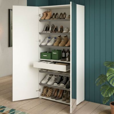 Etagere à chaussures Tarassaco, meuble d'entrée polyvalent avec porte miroir, Meuble à chaussures , 72x37h195 cm, Blanc et Ciment