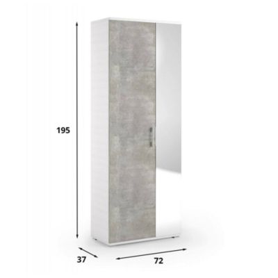 Etagere à chaussures Tarassaco, meuble d'entrée polyvalent avec porte miroir, Meuble à chaussures , 72x37h195 cm, Blanc et Ciment