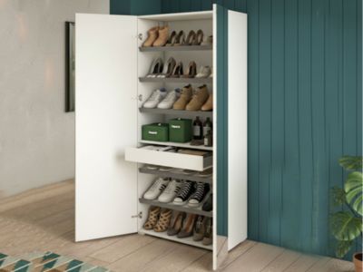 Etagere à chaussures Tarassaco, meuble d'entrée polyvalent avec porte miroir, Meuble à chaussures , 72x37h195 cm, Blanc et Ciment