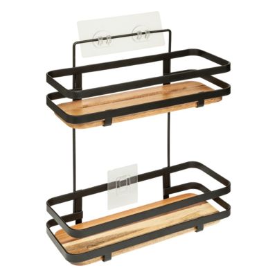 Étagère de douche fixations adhésives 2 niveaux en métal noir et acacia l.25,5 x H.30 x P.15,5 cm, 5Five Simply Smart Blackacia