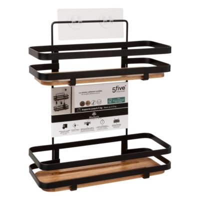 Étagère de douche fixations adhésives 2 niveaux en métal noir et acacia l.25,5 x H.30 x P.15,5 cm, 5Five Simply Smart Blackacia