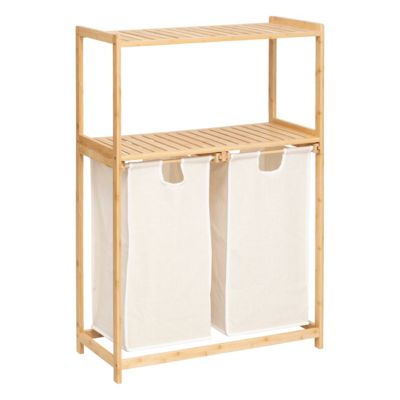 Etagère de salle de bain bambou avec panier à linge double compartiments, Five Simply Smart Tidy Box