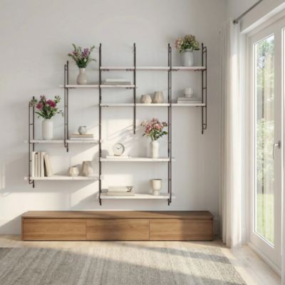 Étagère murale modulable 7 tablettes et 6 échelles effet marbre GoodHome Rigga H. 129 x L. 140 x P. 19 cm