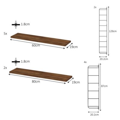 Étagère murale modulable 7 tablettes et 6 échelles effet noyer GoodHome Rigga H. 129 x L. 140 x P. 19 cm