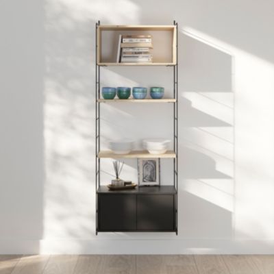 Étagère murale modulable avec 2 portes, étagère murale, 2 tablettes et 2 échelles noir et pin massif GoodHome Rigga H. 171,2 x L. 60 x P. 29 cm