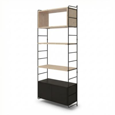Étagère murale modulable avec 2 portes, étagère murale, 2 tablettes et 2 échelles noir et pin massif GoodHome Rigga H. 171,2 x L. 60 x P. 29 cm