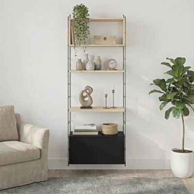Étagère murale modulable avec 2 portes, étagère murale, 2 tablettes et 2 échelles noir et pin massif GoodHome Rigga H. 171,2 x L. 60 x P. 29 cm