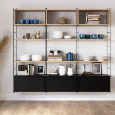 Étagère murale modulable avec 6 portes, 3 étagères murales, 6 tablettes et 4 échelles noir et pin massif GoodHome Rigga H. 171,2 x L. 180 x P. 29 cm