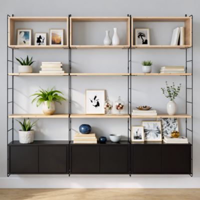 Étagère murale modulable avec 6 portes, 3 étagères murales, 6 tablettes et 4 échelles noir et pin massif GoodHome Rigga H. 171,2 x L. 180 x P. 29 cm