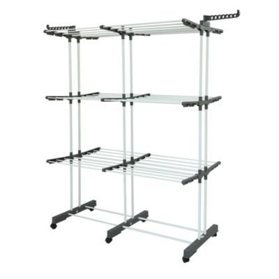 Étendoir à linge multifonction grande capacité 38 m d'étendage 6 pieds sur roulettes, 2 portes-cintres, gris et acier blanc, Kitchen Move Extra Plus