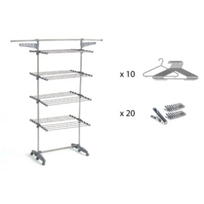 Étendoir à linge multifonction sur roulettes 25 m d'étendage, 30 accessoires, 4 niveaux et 2 portes-cintres, gris et inox, Kitchen Move Access