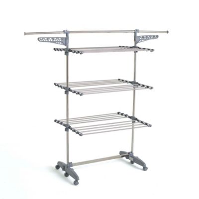 Étendoir à linge multifonction sur roulettes grande capacité 25 m 3 niveaux et 2 portes-cintres, gris et inox, Kitchen Move Extra Plus