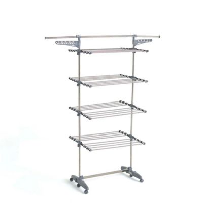 Étendoir à linge multifonction sur roulettes grande capacité 30 m d'étendage, 4 niveaux et 2 portes-cintres, gris et inox, Kitchen Move Extra