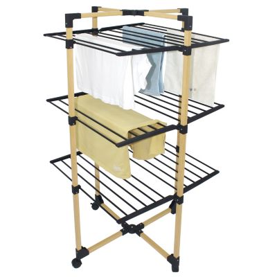 Étendoir à linge pliable 30 m d'étendage sur 3 niveaux avec roulettes, acier noir et effet bois, Kitchen Move Willis