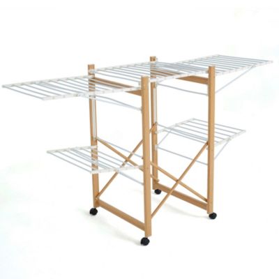 Étendoir à linge pliable sur roulettes 32 m d'étendage 2 niveaux, aluminium effet bois et plastique blanc, Kitchen Move Ushuaia