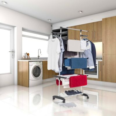 Étendoir à linge sur roulettes multifonction grande capacité 18 m d'étendage, 3 niveaux et 2 portes-cintres, noir et inox, Kitchen Move Ultima