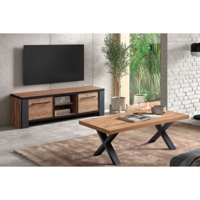 ETIENNE - Ensemble Salon Meuble TV et Table Basse Aspect Bois Piètement X Métal Noir