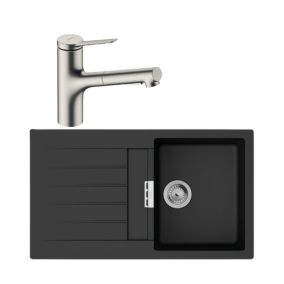 Evier 1 bac 840 HANSGROHE S52 synthèse noir + robinet de cuisine avec douchette HANSGROHE Zesis M33 150 2 jets aspect acier inox