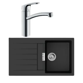 Evier 1 bac 840 HANSGROHE S52 synthèse noir + robinet de cuisine HANSGROHE Focus M41 160 chromé