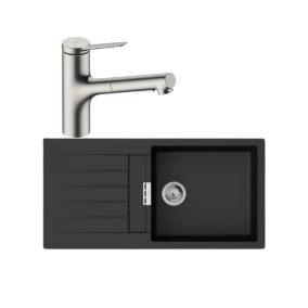 Evier 1 bac 980 HANSGROHE S52 synthèse noir + robinet de cuisine avec douchette HANSGROHE Zesis M33 150 2 jets aspect acier inox