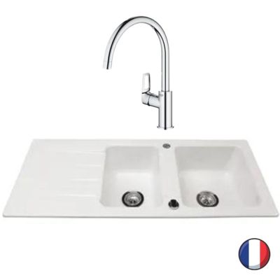 Evier 1 bac et demi 116 x 51 cm VILLEROY ET BOCH  Architectura 8 Blanc + Robinet cuisine GROHE Bauloop