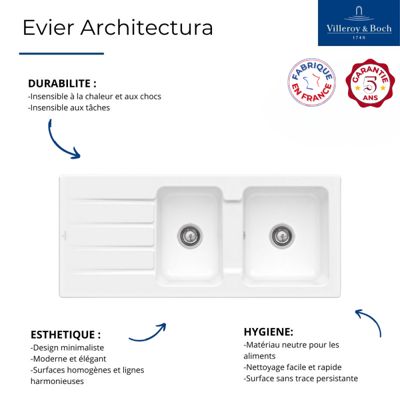 Evier 1 bac et demi Architectura VILLEROY ET BOCH  80 116 x 51 cm Blanc sans vidage