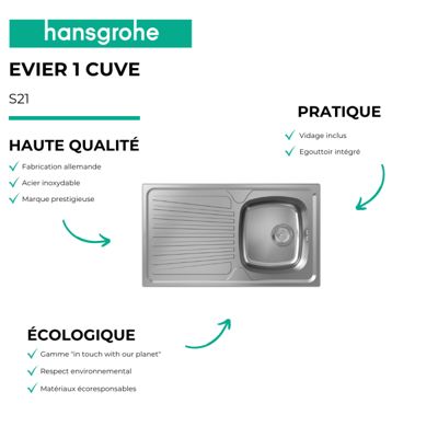Evier 1 bac HANSGROHE S21 inox + robinet de cuisine HANSGROHE Vernis Blend M35 210 noir mat