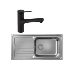 Evier 1 bac HANSGROHE S44 inox + robinet de cuisine avec douchette HANSGROHE Zesis M33 150 2 jets noir mat