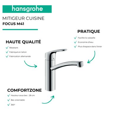 Evier 1 bac HANSGROHE S44 inox + robinet de cuisine HANSGROHE Focus M41 160 chromé