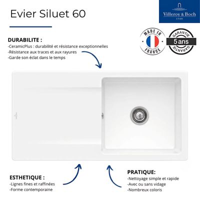 Evier 1 bac VILLEROY ET BOCH Siluet 60 Blanc CeramicPlus