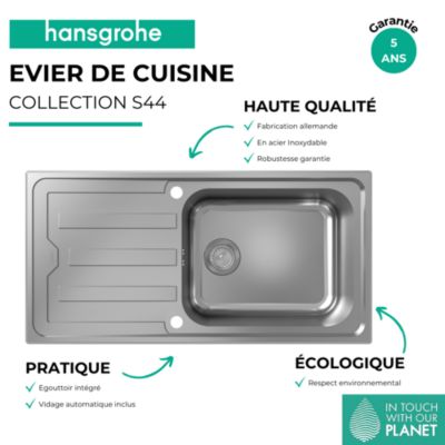 Evier 1 cuve avec égoutoir HANSGROHE S44 inox