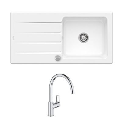 Evier 100 x 51 cm VILLEROY ET BOCH Architectura 60 Blanc + Robinet cuisine GROHE Bauloop