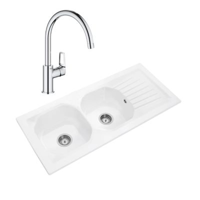 Evier 2 bacs VILLEROY ET BOCH Nestor Plus + Mitigeur cuisine bec haut GROHE Bauloop