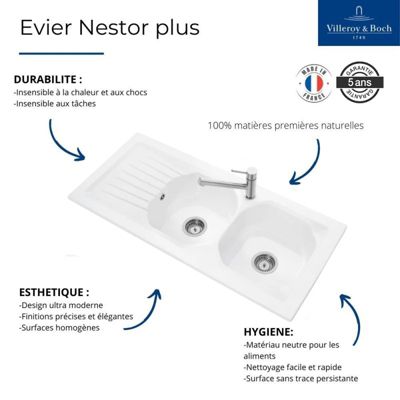 Evier 2 bacs VILLEROY ET BOCH Nestor Plus + Mitigeur cuisine bec haut GROHE Bauloop