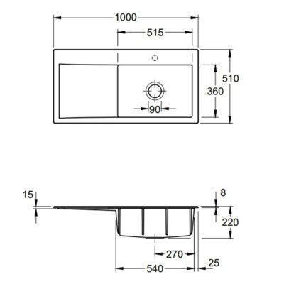Evier a encastrer 1 bac VILLEROY ET BOCH Subway Style 60 egouttoir à droite vidage automatique Stone White CeramicPlus