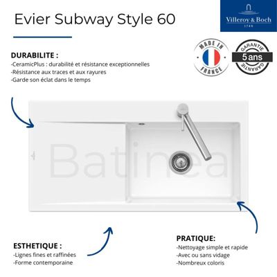 Evier a encastrer 1 bac VILLEROY ET BOCH Subway Style 60 egouttoir à gauche vidage automatique Beige CeramicPlus