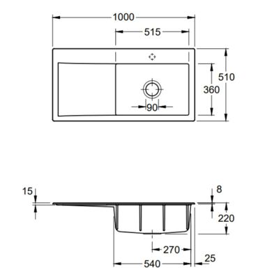 Evier a encastrer 1 bac VILLEROY ET BOCH Subway Style 60 egouttoir à gauche vidage automatique Stone White CeramicPlus