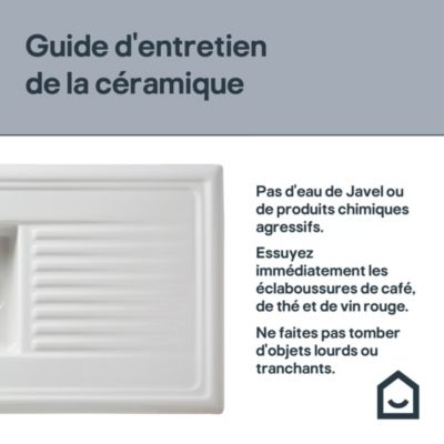 Évier à encastrer en céramique blanc 1 bac avec égouttoir, L.100 x P.50 cm, GoodHome Steinfield