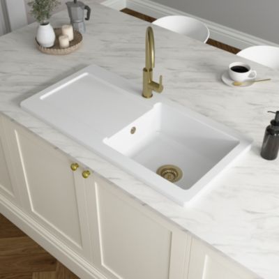 Évier à encastrer en céramique blanc 1 bac avec égouttoir, L.100 x P.50 cm, GoodHome Steinfield