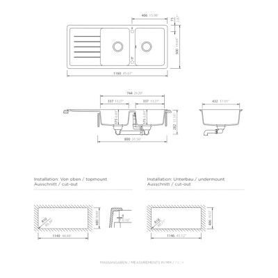 Évier à encastrer en composite de quartz 2 bacs avec égouttoir L.116 x P.50 cm, GoodHome Alland