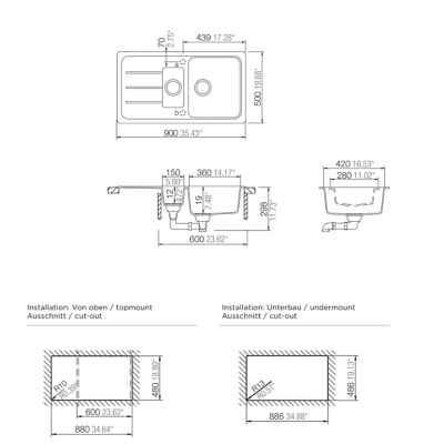 Évier à encastrer en composite de quartz blanc 1,5 bac avec égouttoir, L.90 x P.50 cm, Cooke & Lewis Arber
