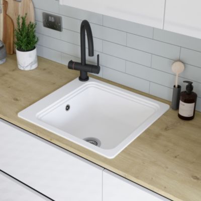 Évier à encastrer en composite de quartz blanc mat 1 cuve avec accessoires, L.56,4 x P.51,6 cm, GoodHome Romesco